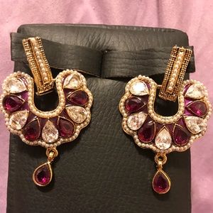 Gold dangle earrings purple imitation stone pearls